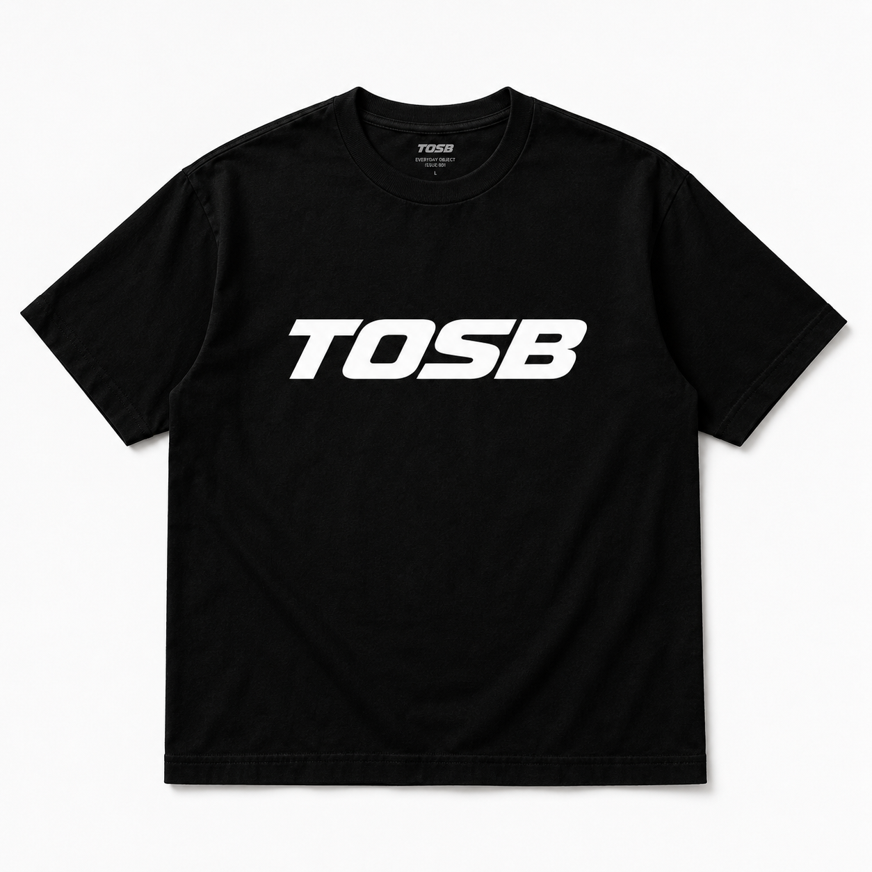 Playera negra con logo TOSB blanco de gran formato.