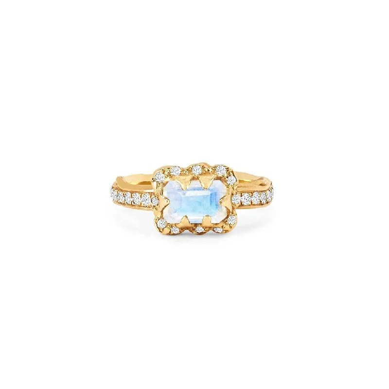 Exclusive Gemstone Jewelry Markdowns – Shop Now Micro Queen Emerald Cut Moonstone Ring with Sprinkled Diamonds | Ready to Ship