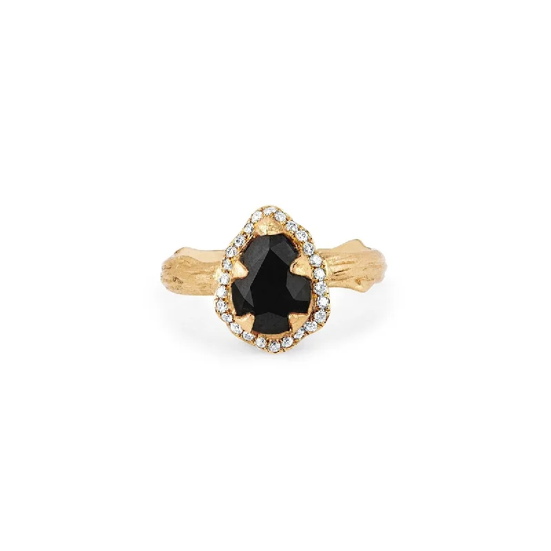 Micro Queen Water Drop Onyx Rose Thorn Ring with Pavé Diamond Halo