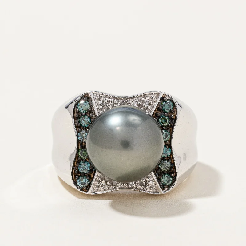 Pearl & Blue Diamond Cocktail Ring | 0.22ctw | SZ 10 |