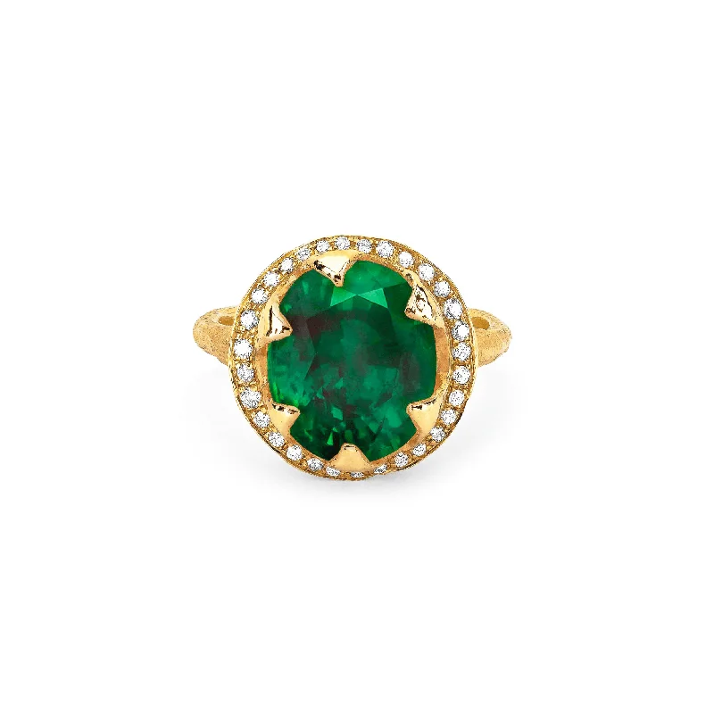 Fashion-Forward Geometric Jewelry For Contemporary Style Queen Oval Zambian Emerald Ring with Full Pavé Diamond Halo