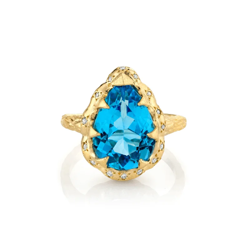 Queen Water Drop Blue Topaz Ring with Sprinkled Diamonds