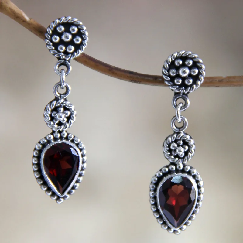 Bestselling Jewelry At Special Promotional Rates Balinese Jackfruit Hand Made Sterling Silver and Garnet Dangle Earrings