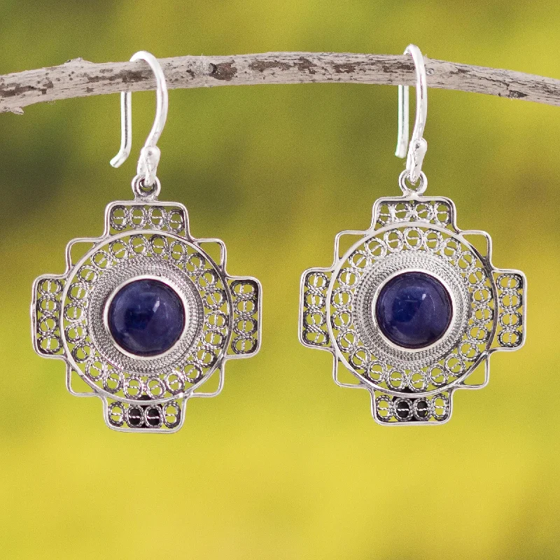 Sparkle More For Less – Jewelry Sale Happening Now Blue Mountain Chakana Sodalite Chakana Cross Filigree Dangle Earrings from Peru