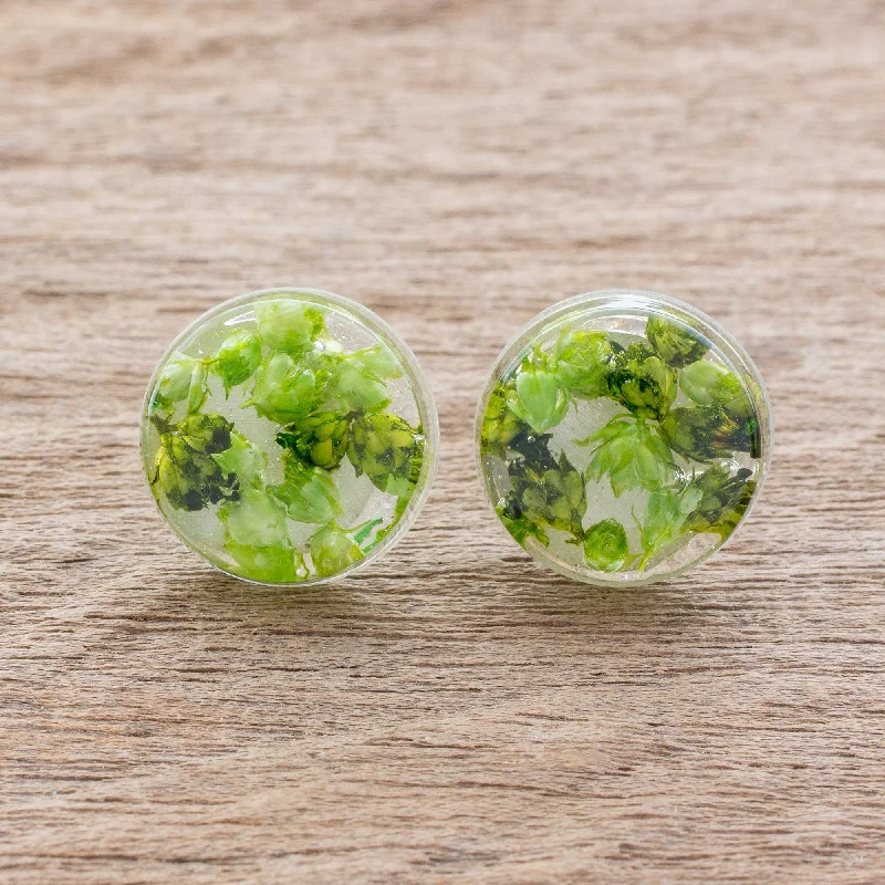 Holiday Jewelry Sale – Perfect Gifts At Great Prices Eternal Bouquet in Green Green Flower in Clear Resin Button Earrings from Costa Rica