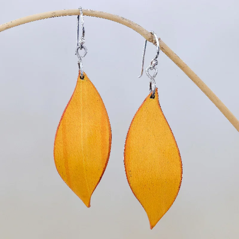 Unique Jewelry Designs Now At Discounted Rates Fanciful Leaves in Yellow Leaf-Shaped Leather Dangle Earrings in Yellow from Thailand