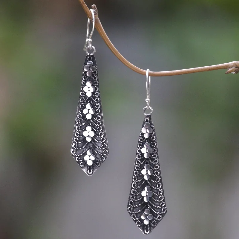 Handcrafted Beauty At Affordable Prices Flower Sword Dangling Silver Earrings Adorned With Balinese Motifs