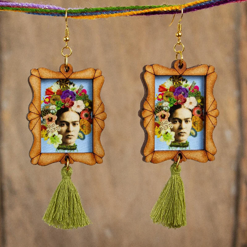 Affordable Gold-Plated Jewelry For Modern Fashion Frida Adorned Handcrafted Frida Kahlo and Flowers Wood Dangle Earrings