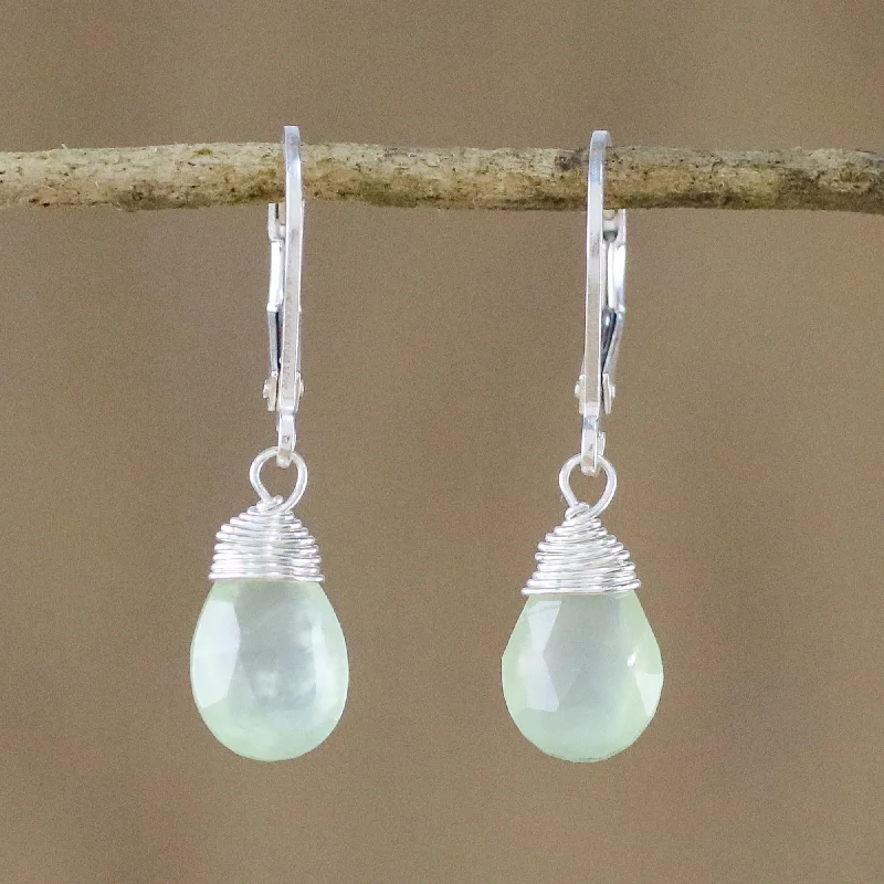 Personalized Engraved Jewelry For Meaningful Gifts Glamorous Woman Prehnite and Silver Teardrop Dangle Earrings from Thailand