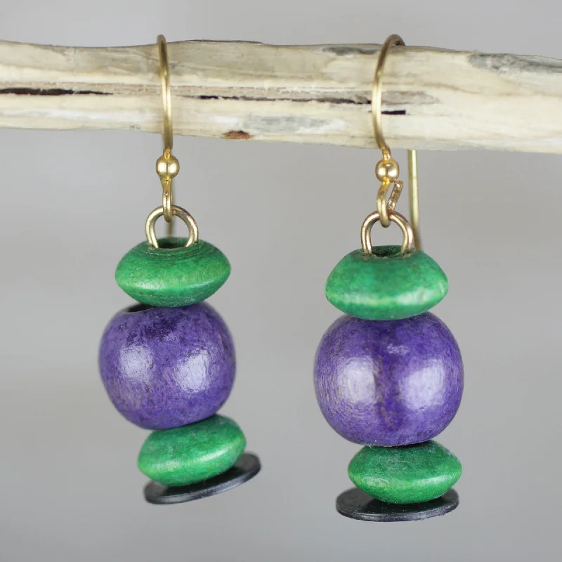 Glamorous Jewelry, Glamorous Deals – Shop Now Grape Vineyard Purple and Green Sese Wood Beaded Dangle Earrings