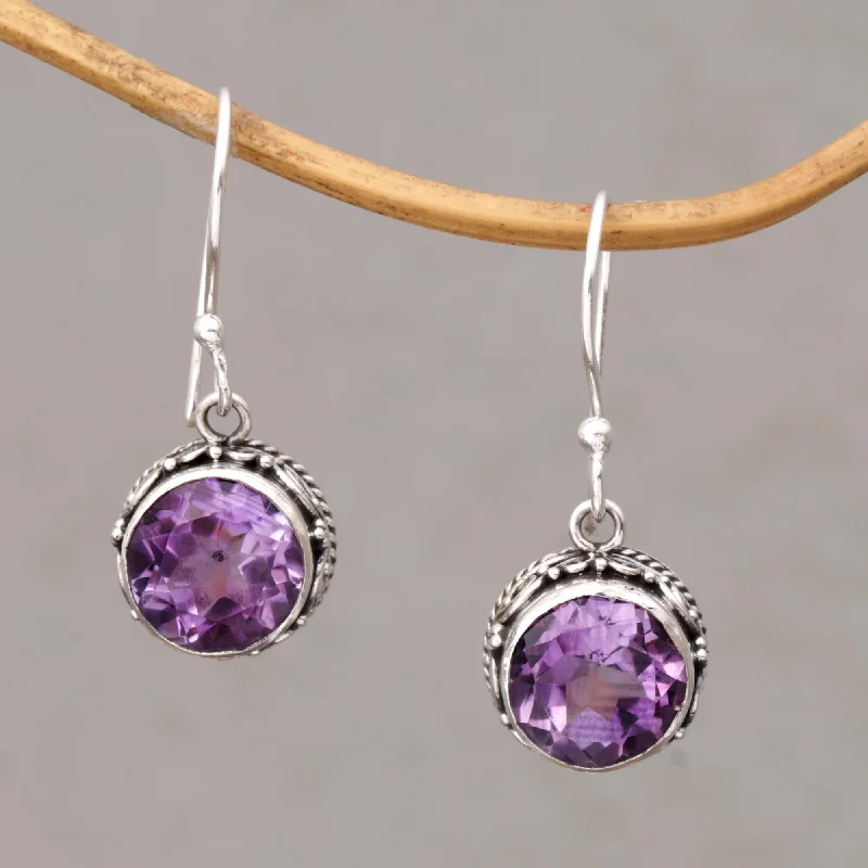 Handmade Pearl Jewelry For Timeless Elegance Iridescent Circles Circular Amethyst and Silver Dangle Earrings from Bali