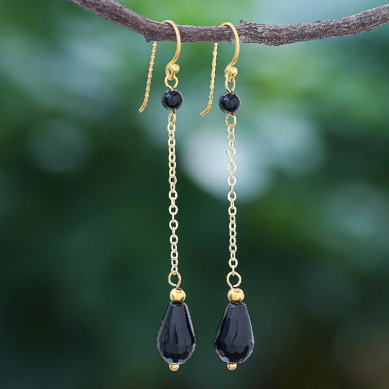 Flash Sale On Stunning Jewelry – Don't Miss Out Night Teardrops Hand Made Gold-Plated Onyx Dangle Earrings from Thailand