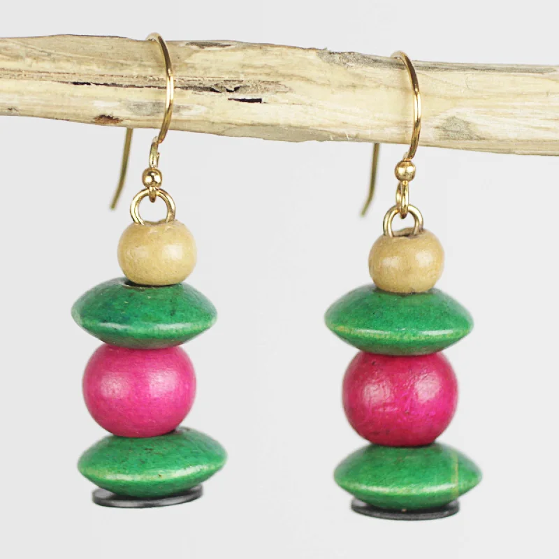 Luxury Jewelry Without The Luxury Price Tag Raspberry Bush Pink and Green Stacked Sese Wood Beaded Dangle Earrings