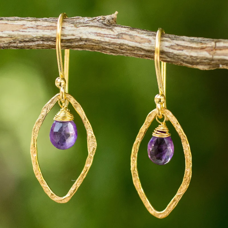 Eco-Friendly Sustainable Jewelry For Conscious Buyers Swinging Ellipses Gold Plated Handcrafted Earrings with Amethyst