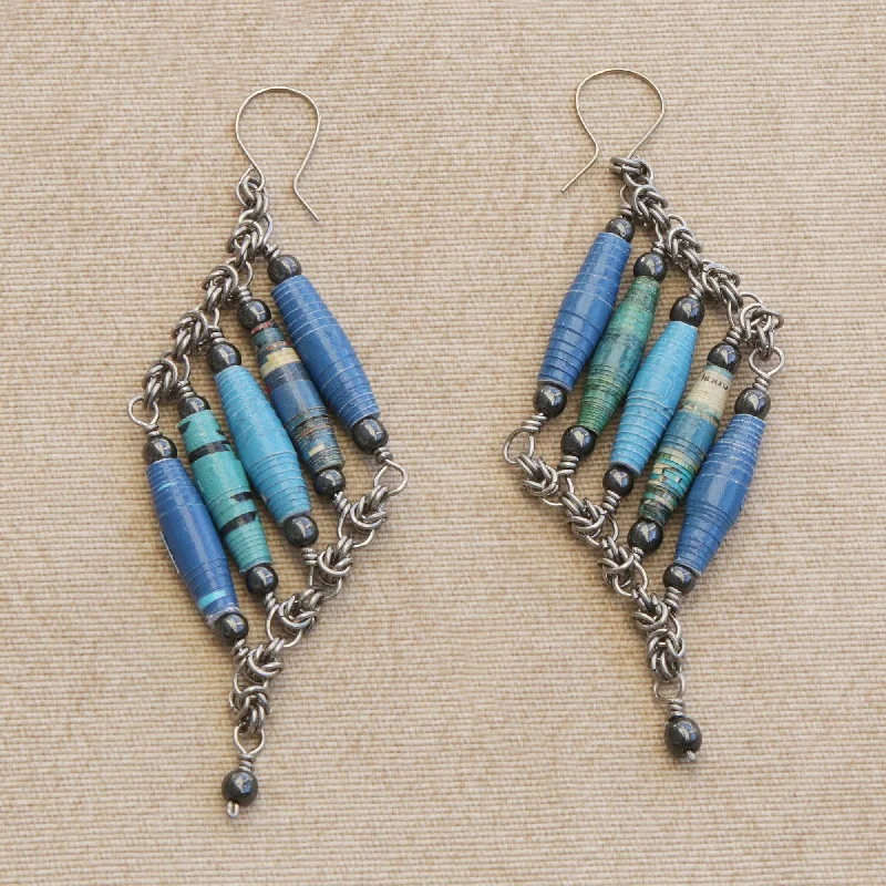 Affordable Elegance – Special Jewelry Sale Now Live Tribal Links in Blue Recycled Paper and Hematite Dangle Earrings in Blue