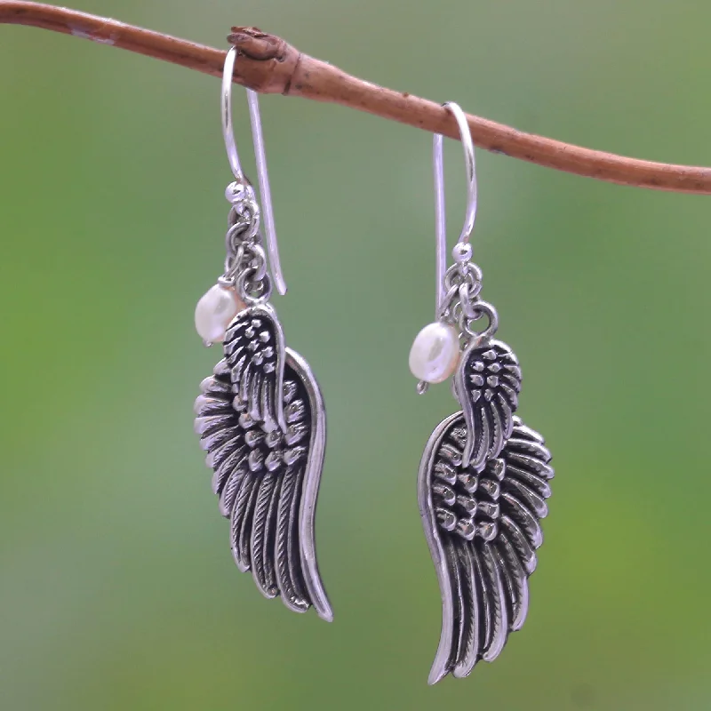 Everyday Jewelry Essentials Now On Sale Winged Glow Cultured Pearl Wing Dangle Earrings from Bali