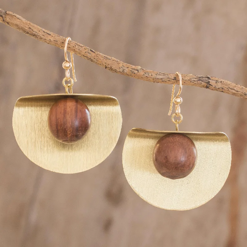 Jewelry Clearance – Final Chance To Save Big Winking Moon in Brass Brass and Wood Bead Dangle Earrings with 18K Gold Hooks