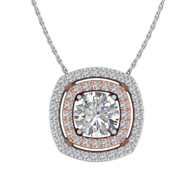 1/2 Carat Diamond Cushion Shaped Halo Pendant Necklace in White Gold & Rose Gold