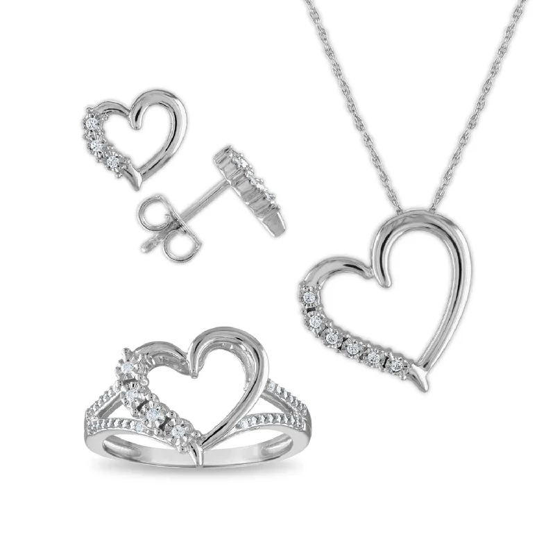 1/6 CTW Diamond Heart Box Set Ring Earrings 18-inch Pendant in Sterling Silver