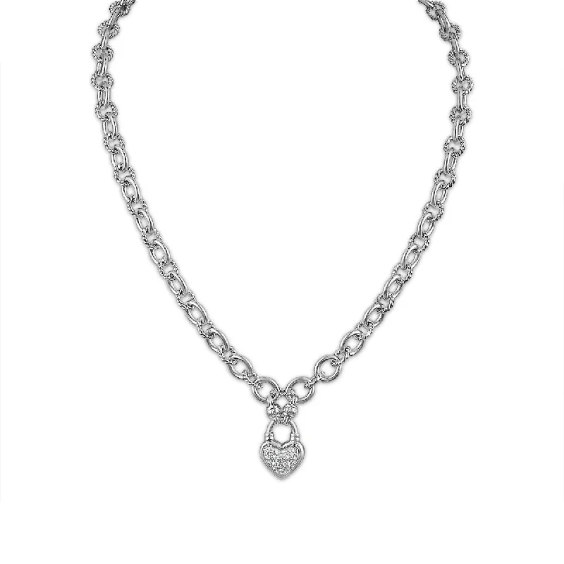 1/7 CTW Diamond Heart Cuban Link 18-inch Necklace in Rhodium Plated Sterling Silver