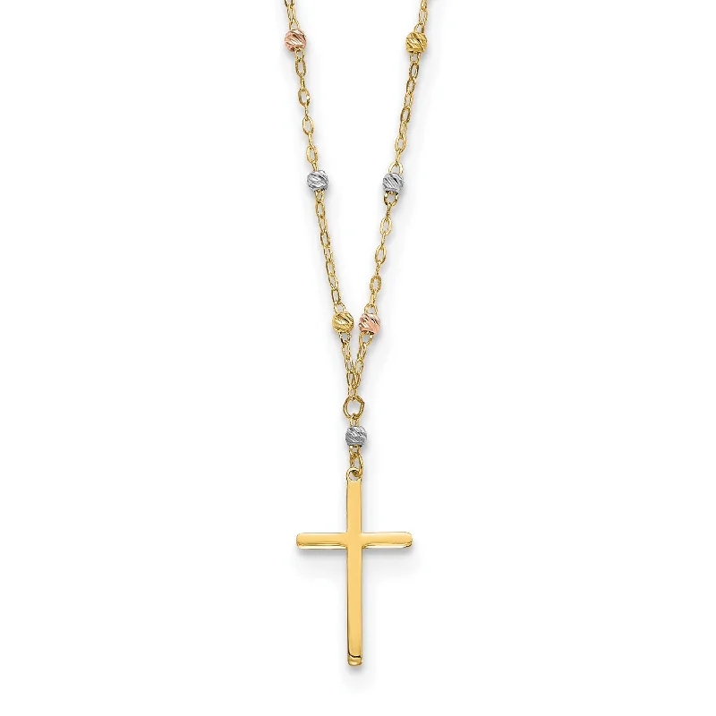 14KT Gold Tri-Color 17-inch Diamond-cut Beaded Cross Necklace