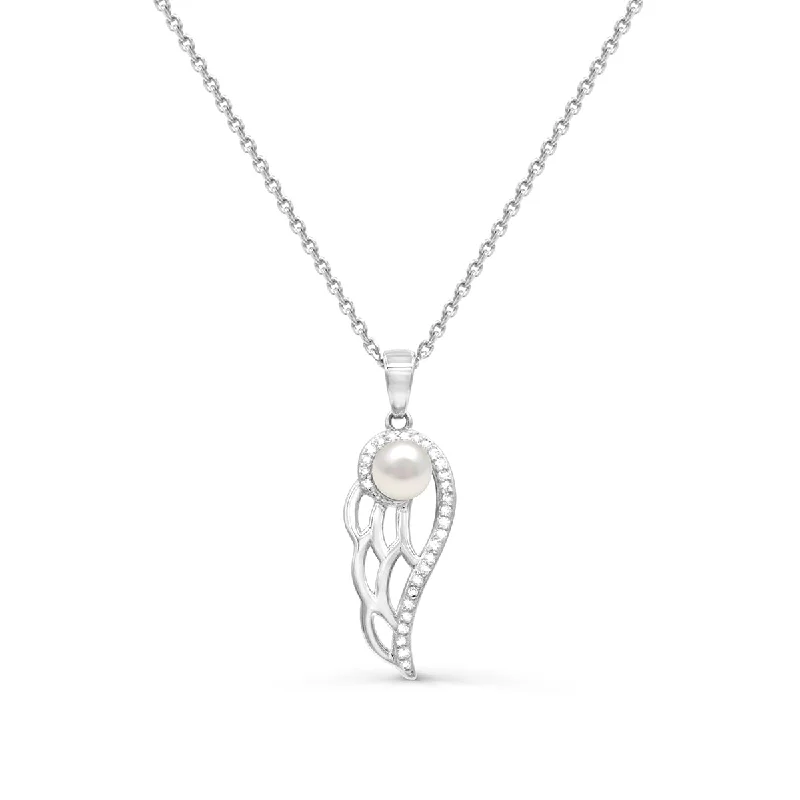 4.5MM Round Pearl and White Sapphire Angel Wings 18-inch Pendant in Sterling Silver