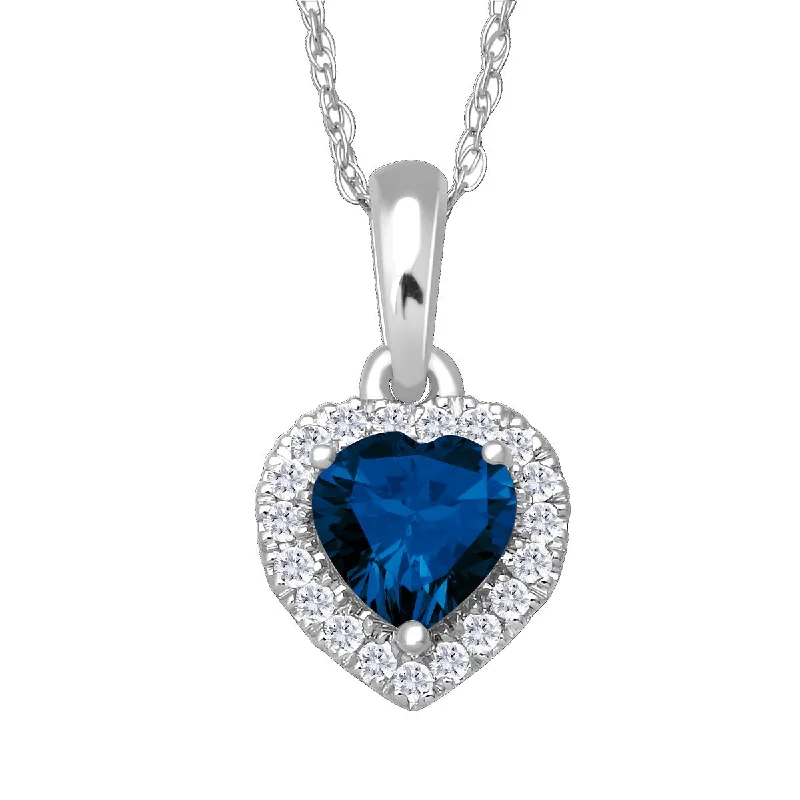 5MM Heart Shape Blue Sapphire and White Sapphire Birthstone Halo 18-inch Pendant in 10KT White Gold