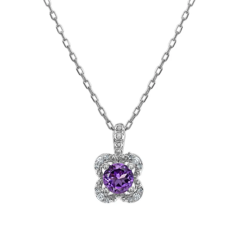 5MM Round Amethyst and White Sapphire Birthstone Flower Halo Pendant in Sterling Silver