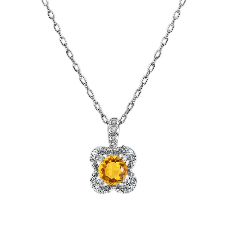 5MM Round Citrine and White Sapphire Birthstone Flower Halo Pendant in Sterling Silver