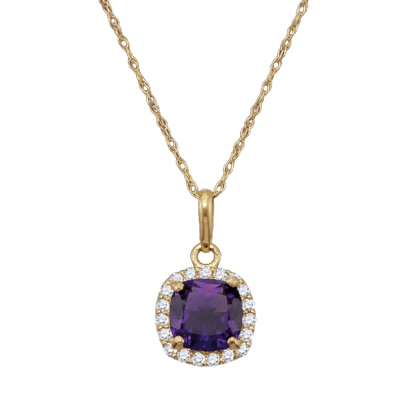 6MM Cushion Amethyst and White Sapphire Birthstone 18-inch Pendant in 10KT Yellow Gold