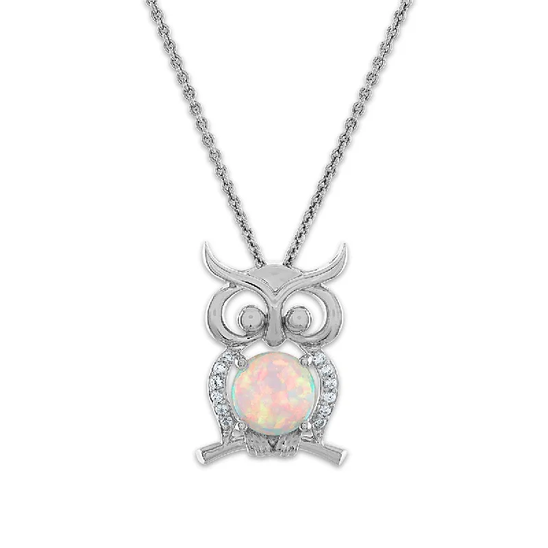 7MM Round Opal and White Sapphire Owl 18-inch Pendant in Sterling Silver