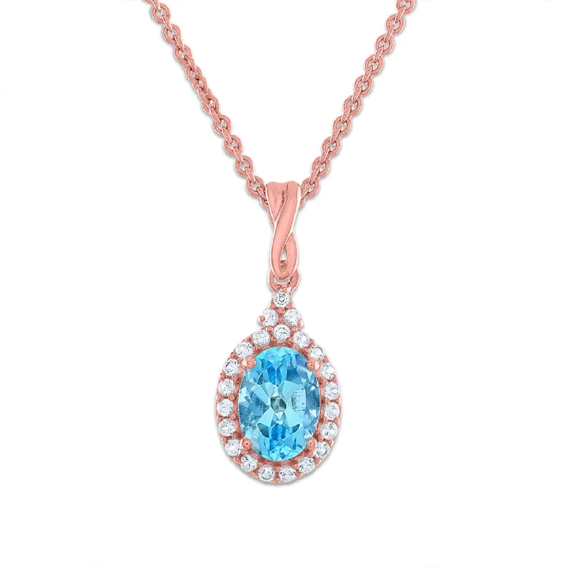 7X5MM Oval Swiss Blue Topaz and Sapphire Birthstone Halo 18-inch Pendant in 10KT Rose Gold