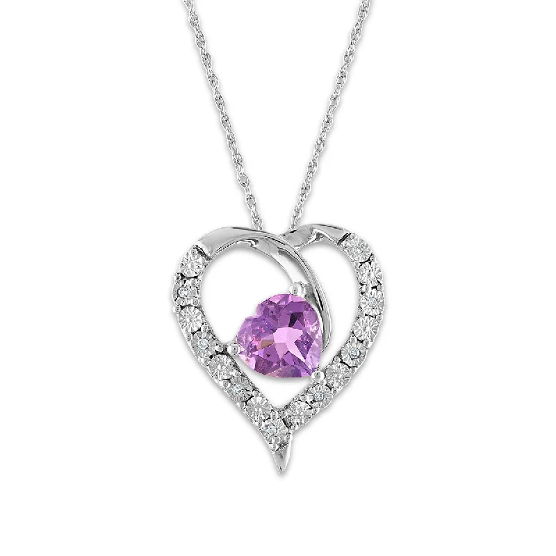 8MM Heart Shape Amethyst and White Sapphire Heart 18-inch Pendant in Sterling Silver