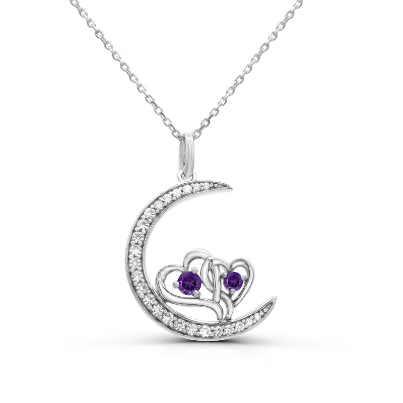 Amethyst and White Sapphire 18-inch Heart Moon Pendant in Sterling Silver