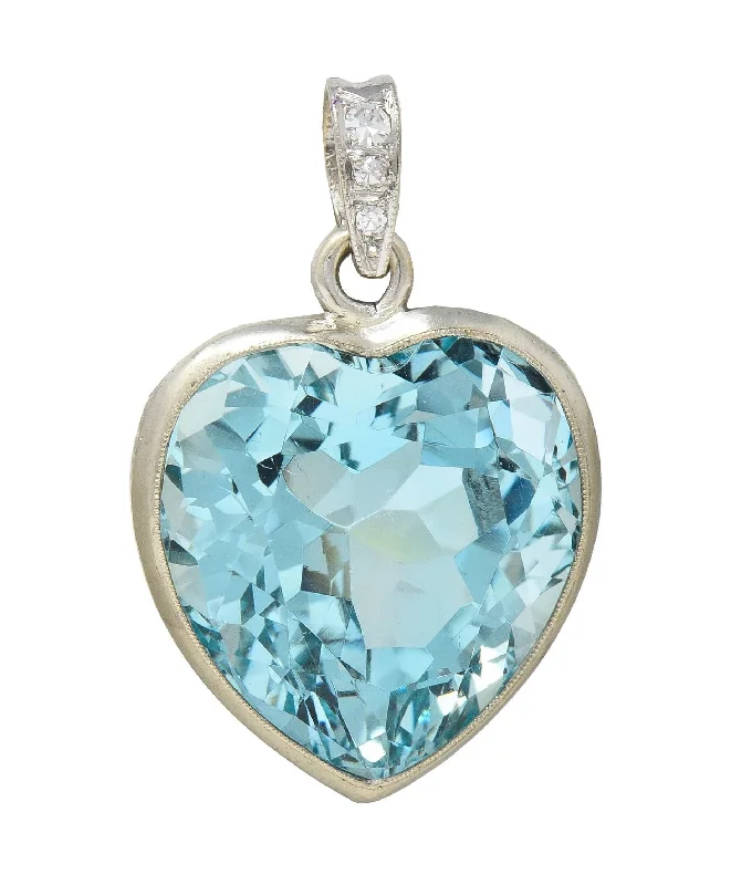 Art Deco 24.55 CTW Aquamarine Diamond 14 Karat White Gold Vintage Heart Pendant