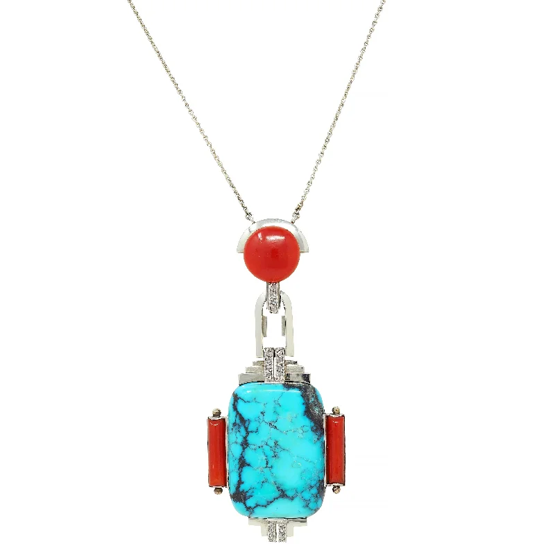 Art Deco Diamond Coral Turquoise 18 Karat White Gold Vintage Geometric Pendant Necklace