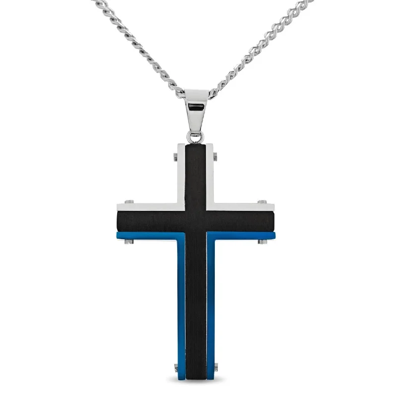 Black and Blue Stainless Steel 24-inch Cross Pendant