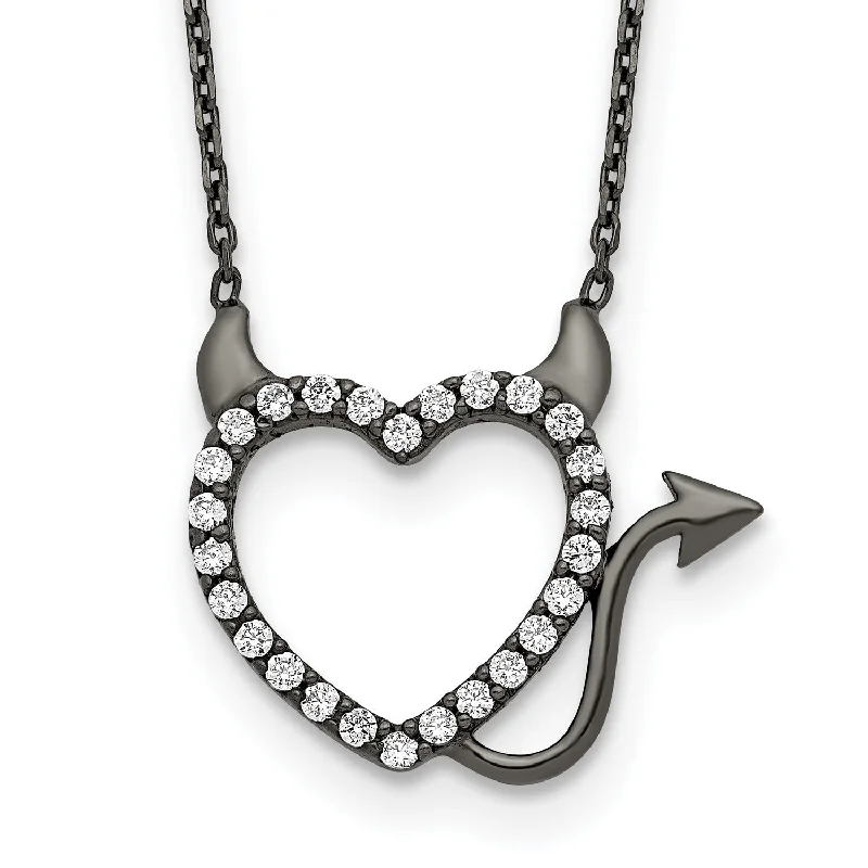 Black Ruthenium Plated Sterling Silver Cubic Zirconia 16-inch Heart Devil Necklace