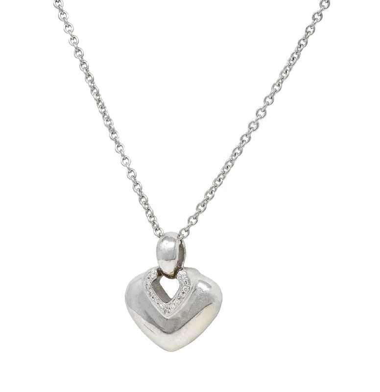 Bulgari 1990's Diamond 18 Karat White Gold Doppio Cuore Heart Vintage Pendant Necklace