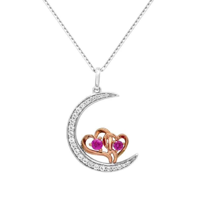 Created Ruby and Sapphire 18-inch Heart and Moon Pendant in Sterling Silver