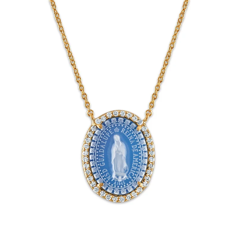 Frank Ronay Collection Blue Agate and Cubic Zirconia 19X15MM 18-inch Guadalupe Pendant in 18KT Yellow Gold Plated Sterling Silver