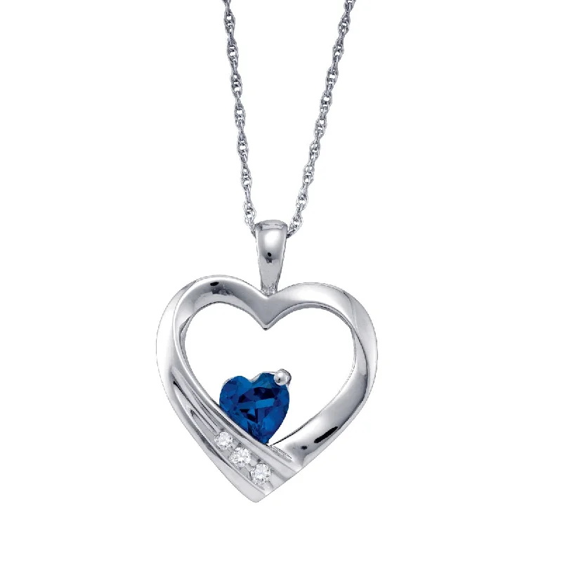 Heart Shape Blue Sapphire and Diamond Birthstone 18-inch Pendant in Sterling Silver