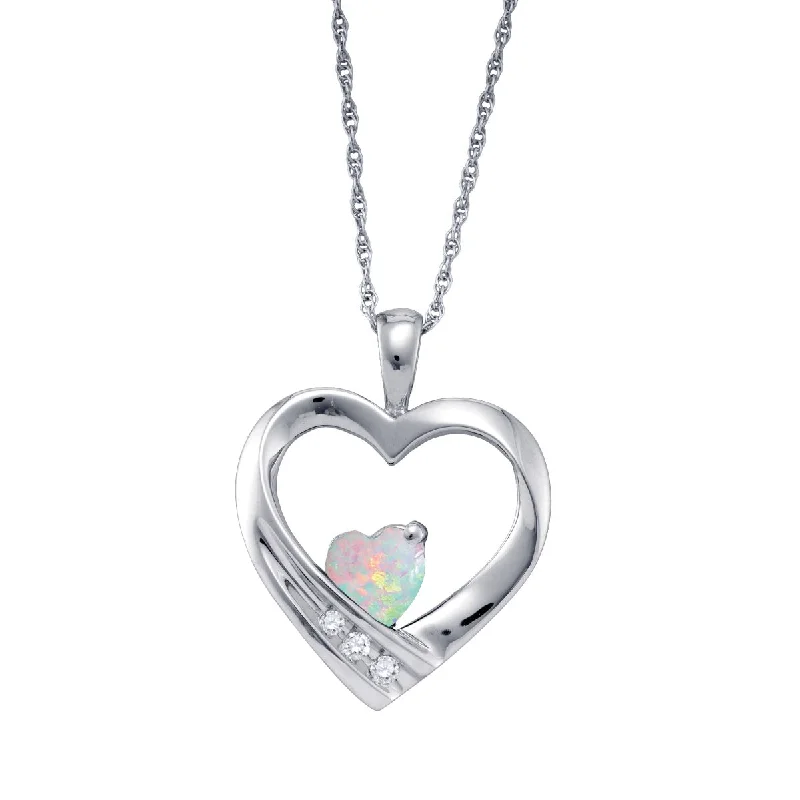 Heart Shape Opal and Diamond Birthstone 18-inch Pendant in Sterling Silver