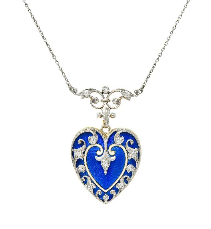 Henry Blank & Co Edwardian Diamond Enamel Platinum 14K Gold Antique Heart Locket Pendant Necklace