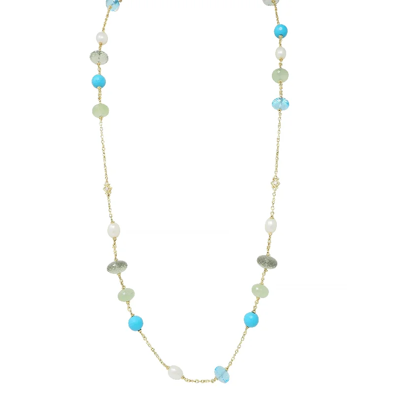 Judith Ripka Pearl Turquoise Topaz Diamond Aquamarine Quartz 18 Karat Yellow Gold Necklace