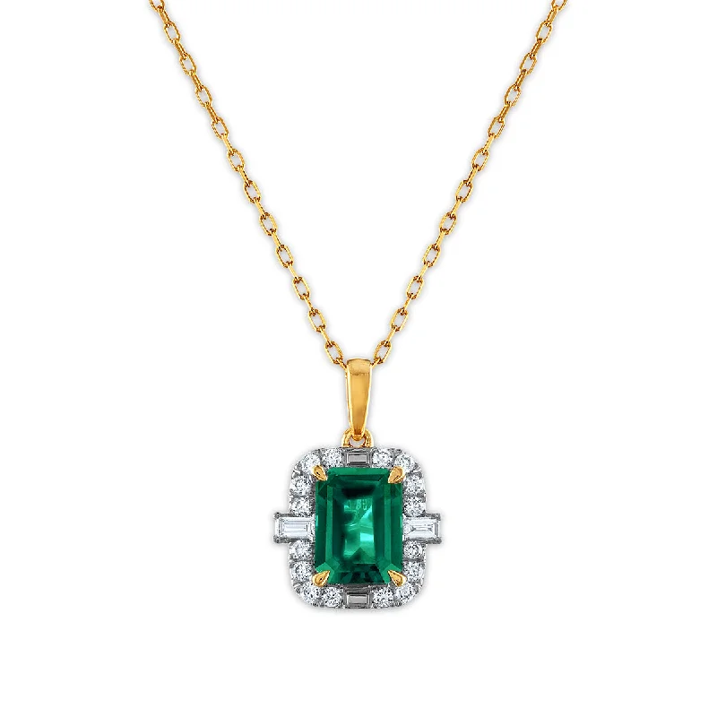 LoveSong EcoLove 8X6MM Emerald Shape Emerald and Diamond Halo 18-inch Pendant in 10KT Yellow Gold