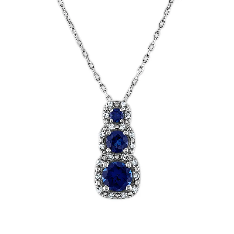 LoveSong EcoLove Round Blue Sapphire and Diamond Three Stone Halo 18-inch Pendant in 10KT White Gold