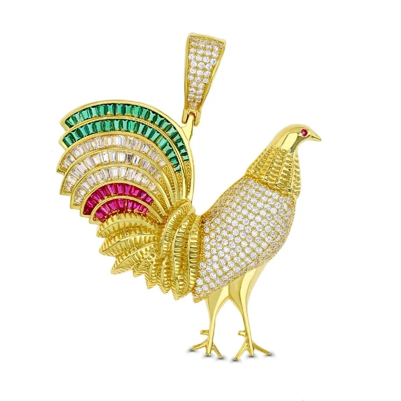 Luxe Layers 14KT Yellow Gold Plated Sterling Silver Cubic Zirconia 58X43MM Rooster Pendant. Chain Not Included