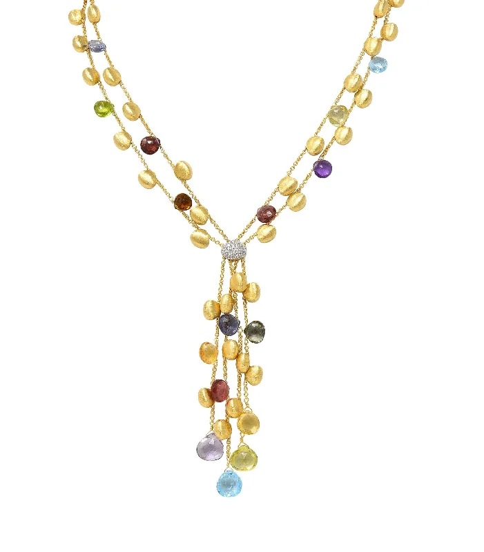 Marco Bicego Contemporary Multi-Gem Diamond 18 Karat Two-Tone Gold Paradise Lariat Tassel Necklace