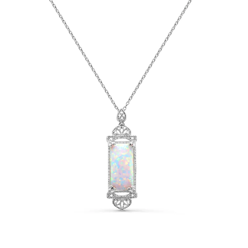 Red Hot Deal 14X7MM Baguette Opal and Diamond Fashion 18-inch Pendant in Sterling Silver